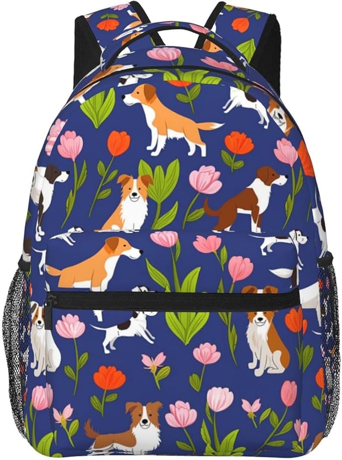 Men Women Lightweight Australian Shepherd Dogs Flowers Backpack Large Capacity Carry On Bag With Padded Straps for Sports Work Walking Cycling