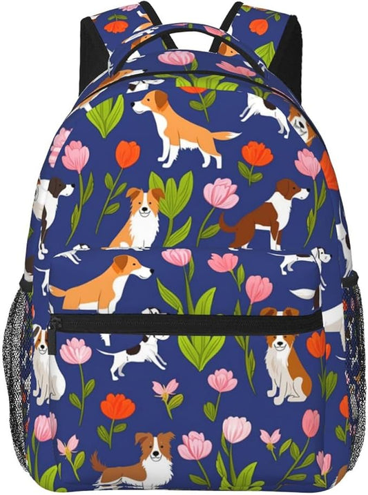 Men Women Lightweight Australian Shepherd Dogs Flowers Backpack Large Capacity Carry On Bag With Padded Straps for Sports Work Walking Cycling