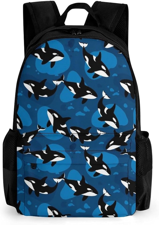 Polyester Daypack Backpack for Sports Travel Running, Big Capacity Anti-Theft Multipurpose Carry On Bag, Ocean Orca Killer Whale Laptop Book Bag Rucksack