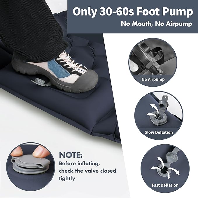 Sleeping Pad for Camping - 4” Thick Inflatable Camping Mat with Built-in Pump & Pillow, Ultralight Self Inflating Camping pad, Backpacking Sleeping Mat for Hiking, Tent, Traveling