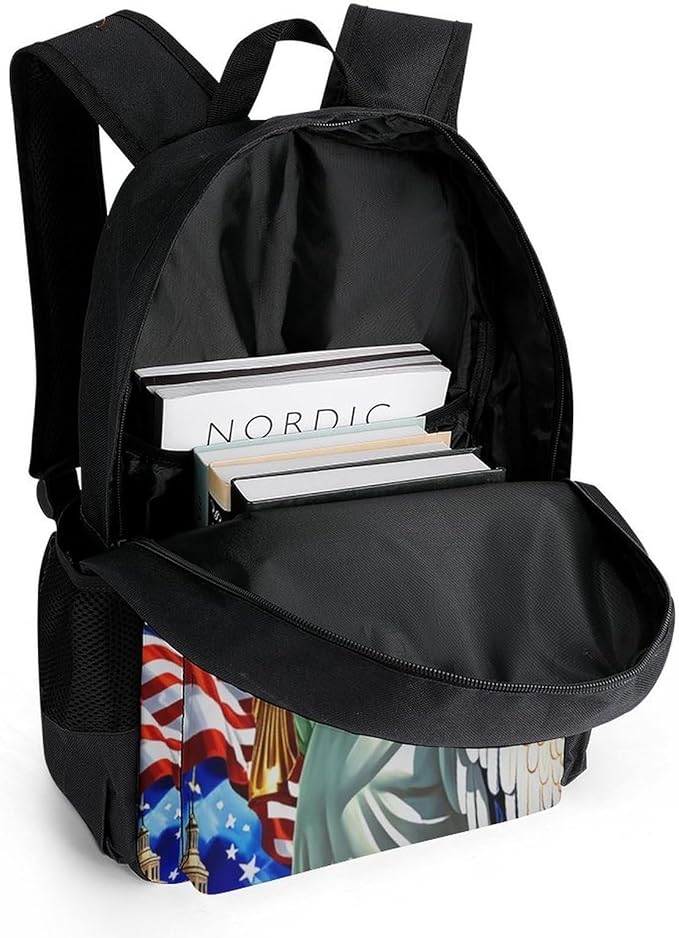 Rucksacks Polyester Anti-Theft Multipurpose Statue Of Liberty American Flag Eagle Patriotic Carry On Bag Large Capacity Gym Outdoor Hiking Backpack With Smooth Zippers