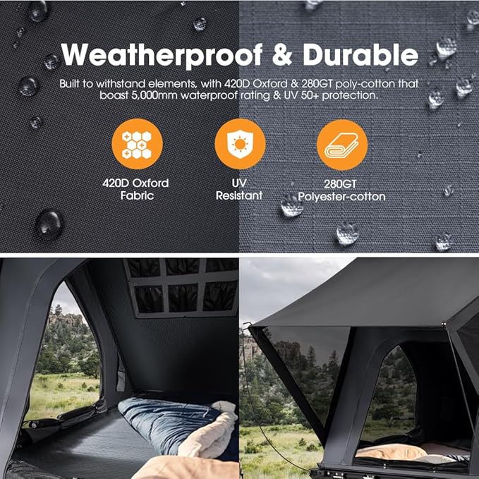 4.57" Slim Rooftop Tent Hard Shell, Waterproof Hotham Lite Aluminium Car Roof Tent with Tri-Color LED Strip Light, SUV Roof Rack Tent w/ 1.97" Thick Mattress, 2-3 People, Grey