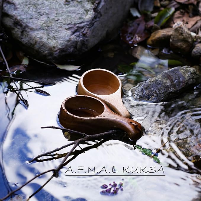 Kuksa Camping Mug Wooden Bushcraft Handcarved Cup, Nordic Style Coffee & Hiking Kuksa, Walnut Wood with Engraved Pattern, Trunk Style, 6.7 oz., 6.3" x 3.8" x 2.4"