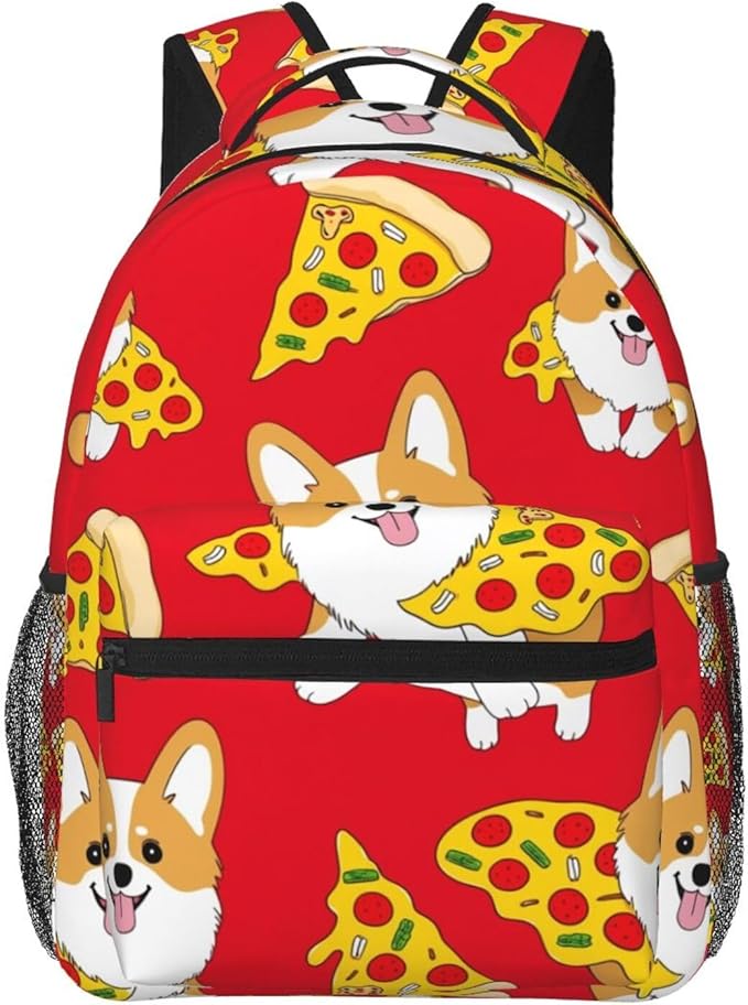 Men Women Polyester Corgi Junk Food Cute Dogs Pizzas Backpack Large Capacity Bookbag With Smooth Zippers for Climbing Picnic Bicycle
