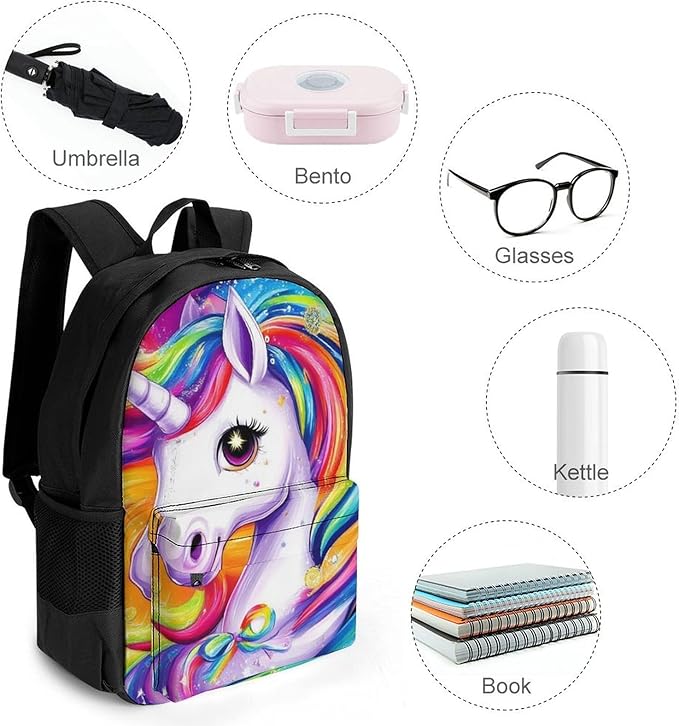 Supdreamc Adults Lightweight Colorful Rainbow Unicorns Rucksacks Large Capacity Bookbag With Adjustable Shoulder Straps for Trekking Outdoors Bicycle