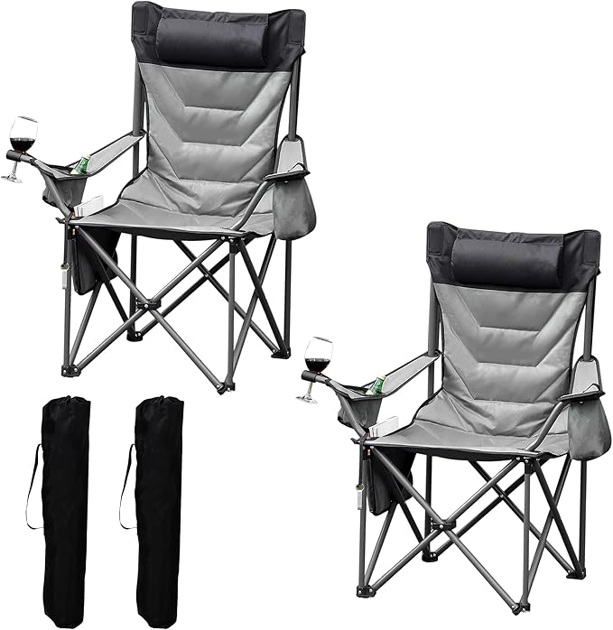 Oversized Padded Camping Chairs, Hevy Duty Folding Camp Chair - 500Lbs Support for Adults - Comfortable Camping Chair with High Back & Pillow, 2 Pack