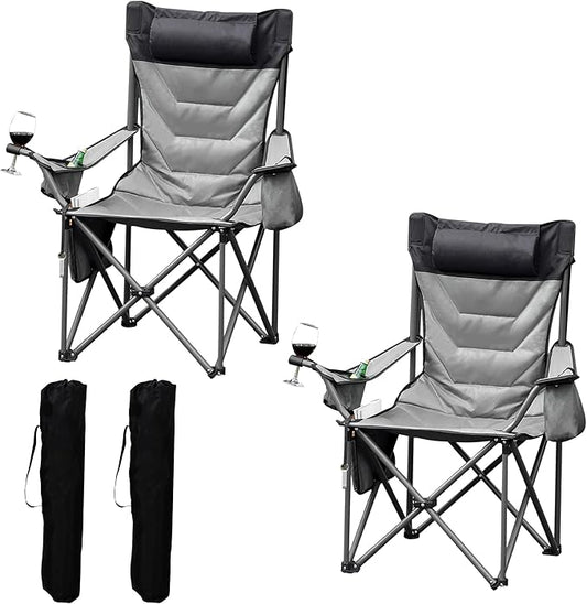Oversized Padded Camping Chairs, Hevy Duty Folding Camp Chair - 500Lbs Support for Adults - Comfortable Camping Chair with High Back & Pillow, 2 Pack