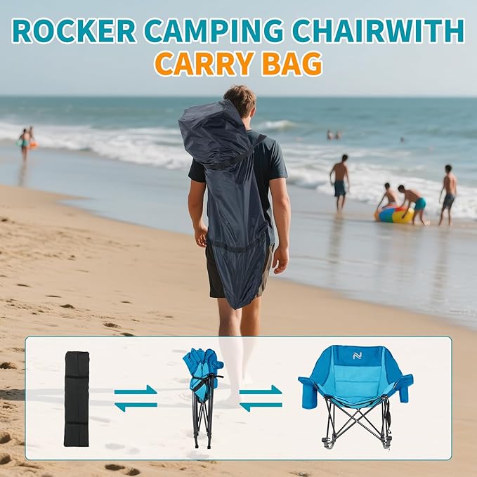 Oversized Rocking Camping Chair for Adults - Padded Recliner Rocker - Folding Lawn Chair with Cooler Bag and Pockets - Portable Rocker Chair Outdoor for Camp Patio Backyard