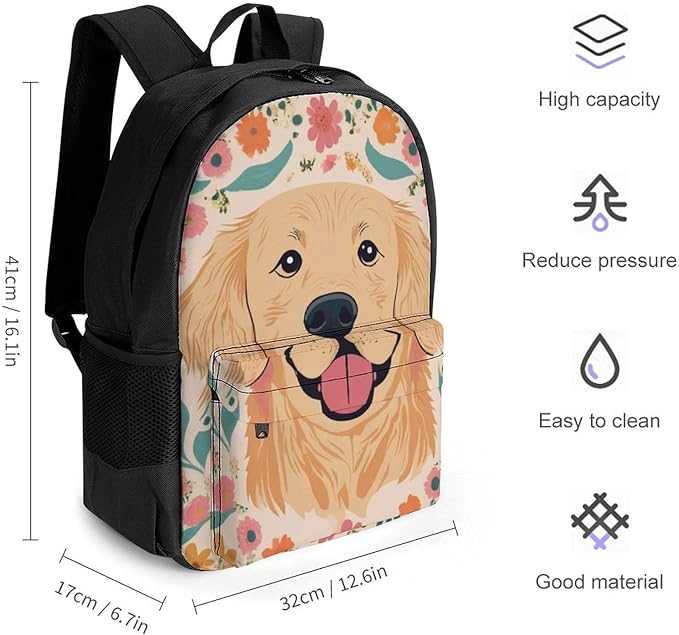 Women Men Polyester Golden Retriever Floral Dogs Casual Daypack Large Capacity Bookbag With Side Pockets for Sports Picnic Walking Cycling