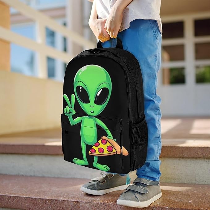 Supdreamc Lightweight Daypack Backpack for Trekking Work Running, Big Capacity Multipurpose Anti-Theft Bookbag, Funny Space Alien Eating Pizza Peace Business Computer Bag