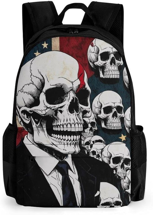 Polyester Daypack Backpack for Sports Travel Running, Big Capacity Anti-Theft Multipurpose Carry On Bag, Skull American Flag Blue Red White Laptop Book Bag Rucksack