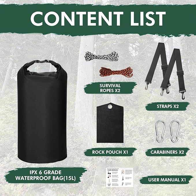 15L Black Bear Food Bag Hanging System, IPX 5 Grade Waterproof Leakproof, with Pulley System, Survival Ropes, Clips, Rock Pouch, for Camping Hiking
