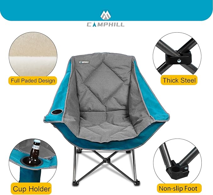 CAMPHILL Folding Camping Chair,Oversized Portable Camping Chair with Cup Holder,Heavy Duty Padded Lawn Chair for Camping,Tailgates,Beach,and Sports,Lake Blue
