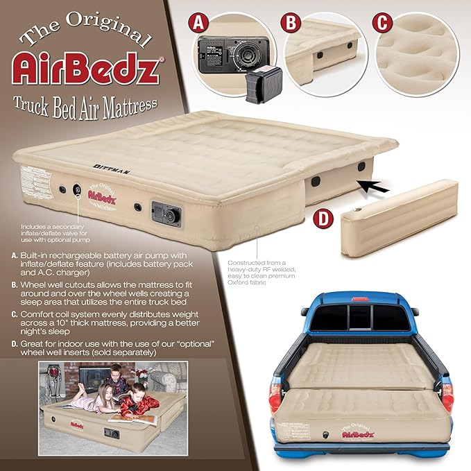 Pittman - Tacoma Truck Bed Mattress 5.5 ft > 5ft - Airbedz Mid Size Short Truck Bed Air Mattress 5.5' > 5' - Built in Pump & 25% More Coverage for Pickup Camping - PPI-505