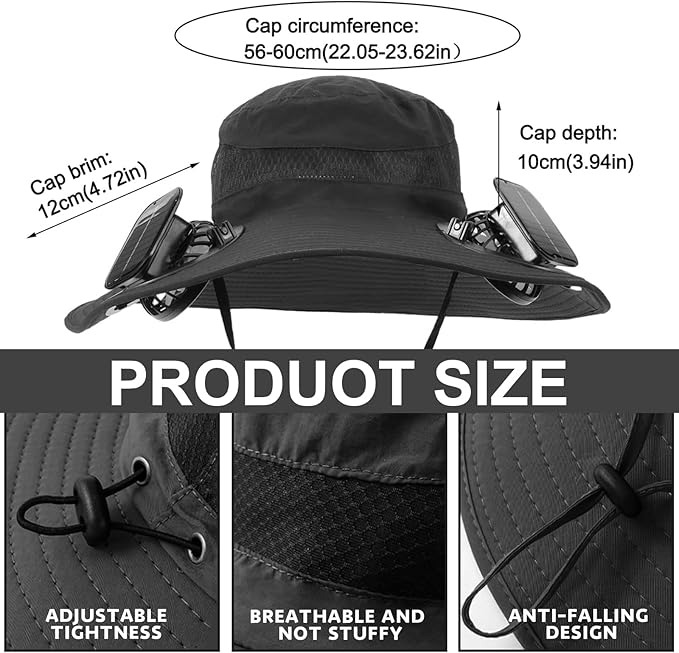 Outdoor Wide Brim Sun Hat with 2 Solar Powered Fan, Bucket Hat for Men Women, Fishing, Gardening & Beach Hat for Men