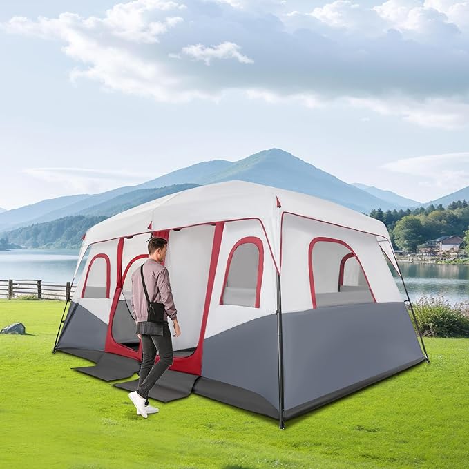 Camping Tent 8-12 People Outdoor Camping Tents, 5 Large Mesh Windows, Double Layer, Divided Curtain, Family Tent for Outdoor Camping and Backyard with Carrying Bag