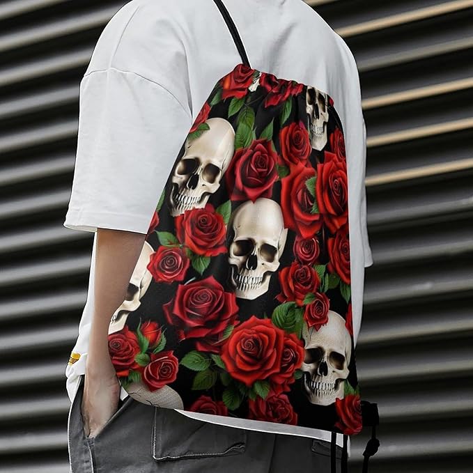 Travel Drawstring Backpack Theft Proof Cinch Sack Water Resistant Sackpack for Camping Hiking Outdoor Sports, Rose Skull Bags