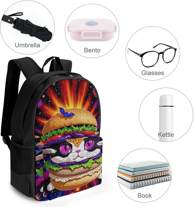 Adults Lightweight Space Hamburger Cat Rucksacks Large Capacity Bookbag With Adjustable Shoulder Straps for Trekking Outdoors Bicycle