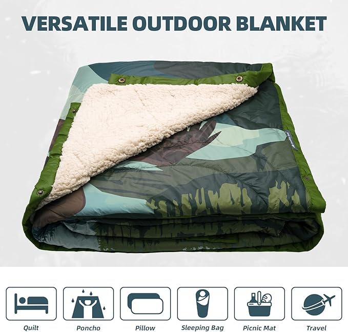Outdoor Camping Blanket with Sherpa Lining, Extra Warm Thick Camp Blankets and Puffy Ultralight Soft Poncho DWR Camping Quilt for Cold Weather, Adventure, Sleeping, Backpacking 78"x 56"