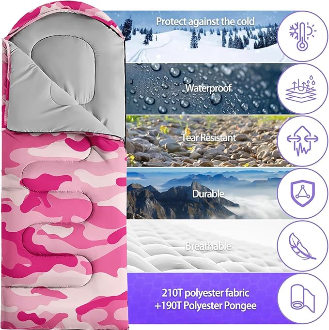 Sleeping Bags for Adults and Kids Backpacking Camping Sleeping Bags for Girls and Boys Lightweight Waterproof Cold/Warm Sleeping Bag for All Season