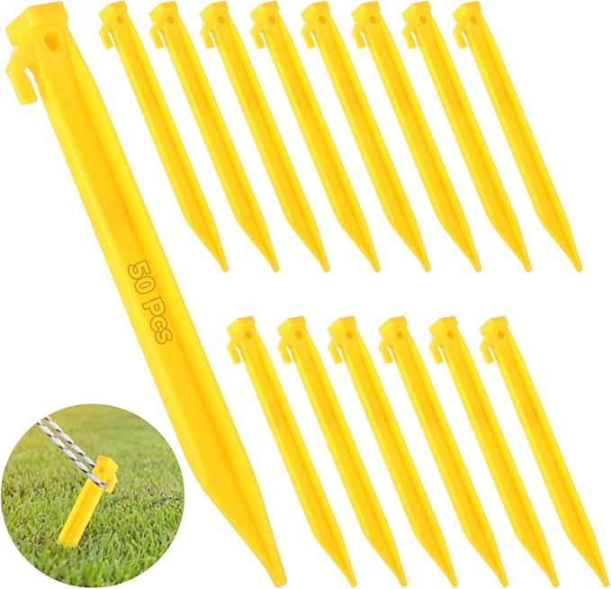 50 Pcs Plastic Tent Stakes, 9 Inch Heavy Duty Tent Pegs, High Strength Triangular Garden Stakes, Spike Hook Canopy Stakes for Secure Rope Tie-Down, Ideal for Camping, Outdoor Activities