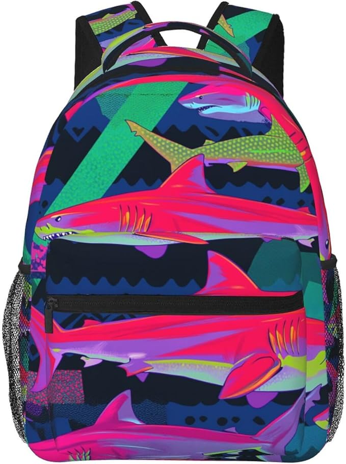 Men Women Lightweight Colorful Shark Art Casual Daypack Large Capacity Bookbag With Adjustable Shoulder Straps for Gym Business Bicycle