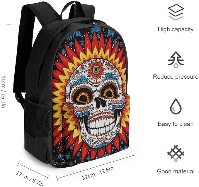 Supdreamc Men Women Lightweight Sugar Skull Sun Casual Daypack Large Capacity Bookbag With Adjustable Shoulder Straps for Gym Business Bicycle
