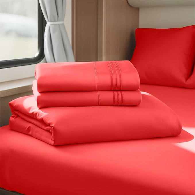 Hearth & Harbor Short Queen Sheets for RV, Red RV Queen Sheets, Silky Soft 1800 Microfiber Bed Sheet for Camper, 4 Piece RV Bedding with Pillowcases