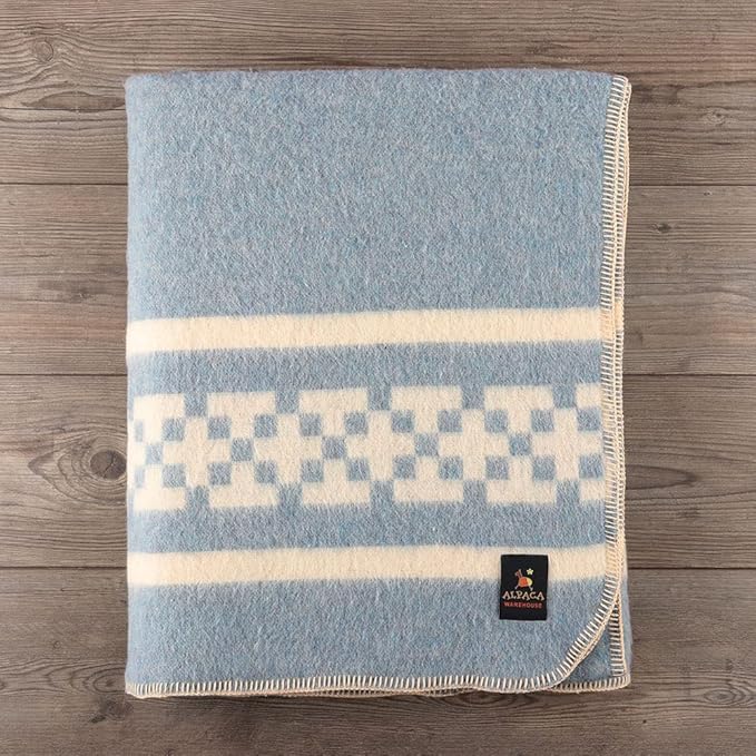 Inca Wall - Thick Alpaca Wool Blanket Heavyweight Camping Outdoors Indoors Soft Peru King Size New Ethnic Design (Soft Blue - Ivory 2, King Size)