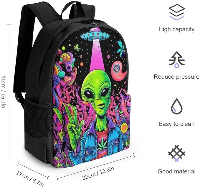 Rucksacks Polyester Anti-Theft Multipurpose Trippy Alien Ufo Art Carry On Bag Large Capacity Gym Outdoor Hiking Backpack With Smooth Zippers
