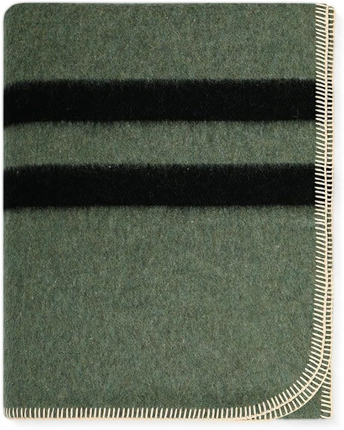 Thick Alpaca Wool Blanket Heavyweight for Camping Outdoors or Using Indoors | Soft Peruvian Alpaca Wool Blankets (Fern Green - Black Stripes, Travel Size)
