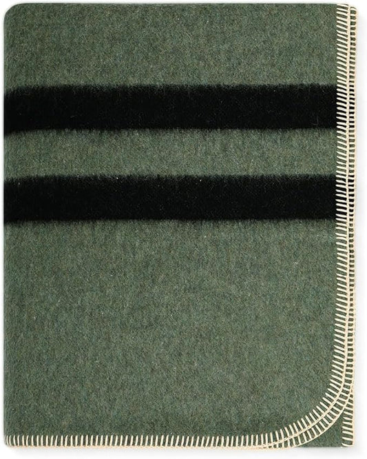 Thick Alpaca Wool Blanket Heavyweight for Camping Outdoors or Using Indoors | Soft Peruvian Alpaca Wool Blankets (Fern Green - Black Stripes, Travel Size)