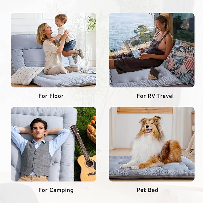 Japanese Floor Mattress, 3.5" Thicken Futon Mattress Tatami Mat, High Density Foam Support for Adult Kids Sleep, Portable Futon Sofa Bed for Camping, Pet Mat, Queen 80"x 60"（Silver Gray）