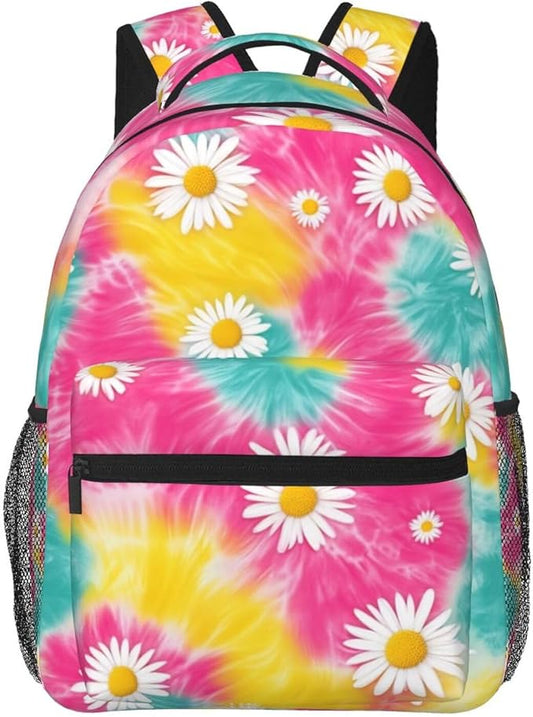 Men Women Polyester Daisy Flower Tie Dye Daypack Bookbag Big Capacity Shoulder Bag With Padded Straps for Climbing Travel Walking Cycling