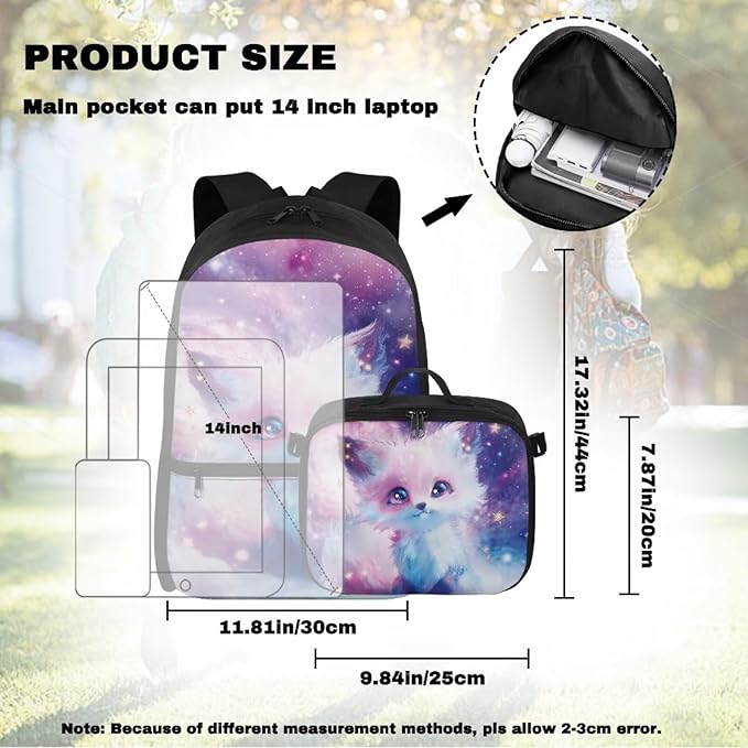 HUGS IDEA Cosmic Fox School Backpack for Girls 2 in 1 Kids Bookbag Set with Lunch Box for Preschool Kindergarten School Lightweight 17 Inch School Bag for Girls 4-6 Kids Travel Daypack