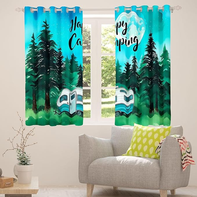 Erosebridal Happy Camping Window Curtains 52" Wx84 L Camper Blackout Curtains for Bedroom Living Room,Cartoon Spring Rv Travel Window Treatments Outdoor Adventure Drapes Decor 2 Panels