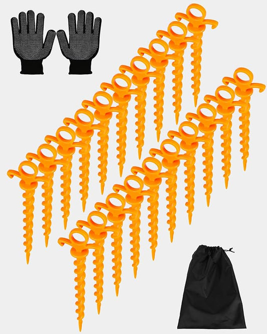 Christmas Inflatables Decoration Ground Stakes, Beach Umbrella Sand Anchor, Heavy Duty Plastic Grounding Screw In Tent Spikes, Outdoor and Yard Camping Canopy Stake Pole, Spiral Peg, 9" 20 pcs
