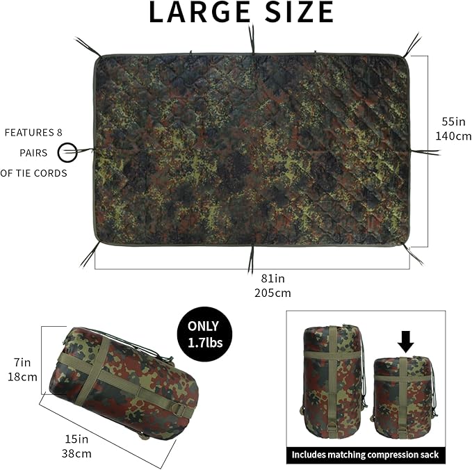 Camo Poncho Liner, Army Blanket, Military Sleeping Bag, with A Compression Carrying Bag, for Traveling, Hiking, Camping, Outdoor Survival, Car Blanket