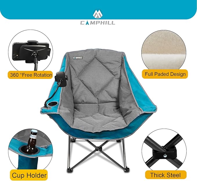 CAMPHILL Folding Camping Chair,Oversized Portable Camping Chair with Cup Holder and Phone Holder,Heavy Duty Padded Lawn Chair for Camping,Tailgates,Beach,and Sports,Lake Blue