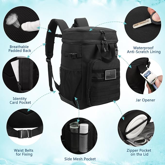 Pyrrhus 43L Cooler Backpack 45/55 Cans Insulated Leak Proof Tactical Backpack,2 Insulated Comaprtments Thermal Bag,Large Lunch Outdoor Backpack for Picnic, Beach, Work,Trip