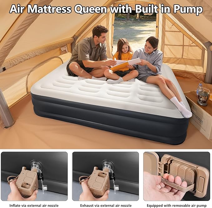 BEBAS Queen Size Air Mattress with Built in Pump Fast Electric Inflation/Deflation Mattress Blow up Bed Inflatable for Home,Guests,Office,Camping Airbed 16 Inch Tall,600lbs Max,Black