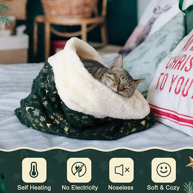 Self Heating Cat Sleeping Bag Self Warming Cat Bed Cave Forest Green Heated Pad Cozy Soft Winter Washable Wrap Pet Sleeping Pouch Snuggle Sack for Puppy Dog Kitten, 24 x 21 Inch