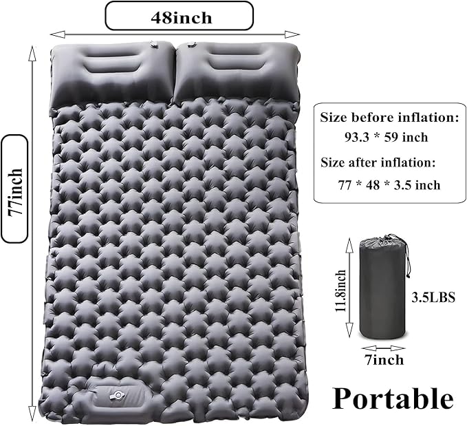Inflatable Double Camping Mat with Pillow, Build-in Foot Pump Ultralight Sleeping Air Matress Pad for 2 Person, Portable Bed Compact for Camping Hiking Backpacking Outdoor (Grey, Double)