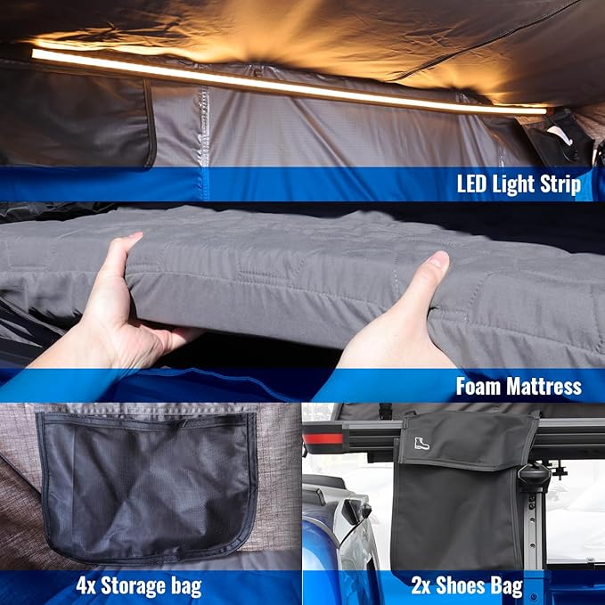 Syneticusa Aluminum Hard Shell Rooftop Truck SUV Jeep Van Tent Fits 2 Person for Overlanding Camping RTT LED Strip Light with Crossbars Cargo Carrier Easy Open