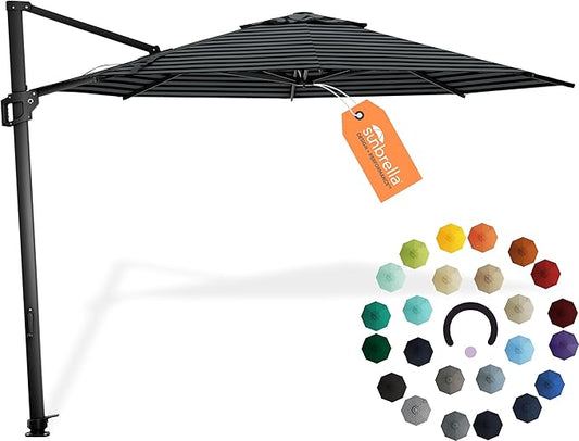 Midtown Umbrellas The Grande Round 10 FT Outdoor Cantilever Patio Umbrella w/Sunbrella Black & White Acrylic Fabric - 8 Rib Aluminum Frame Offset w/Tilt And 360° Rotate Pedal System - Black Frame