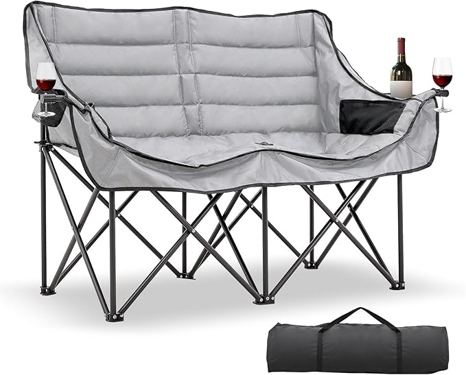 DoCred Double Camping Chair - Oversized Loveseat, 2 Person Camping Chair for Adults Heavy Duty,Two Person Folding Chair with Cup Holder, Supports up to 500 LBS for Outside Picnic Beach Travel