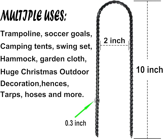 10-Inch Trampoline Stakes Heavy Duty U Shaped Rebar Ground Stakes Ground Anchors for Sporting Goods Security, House Construction (12)
