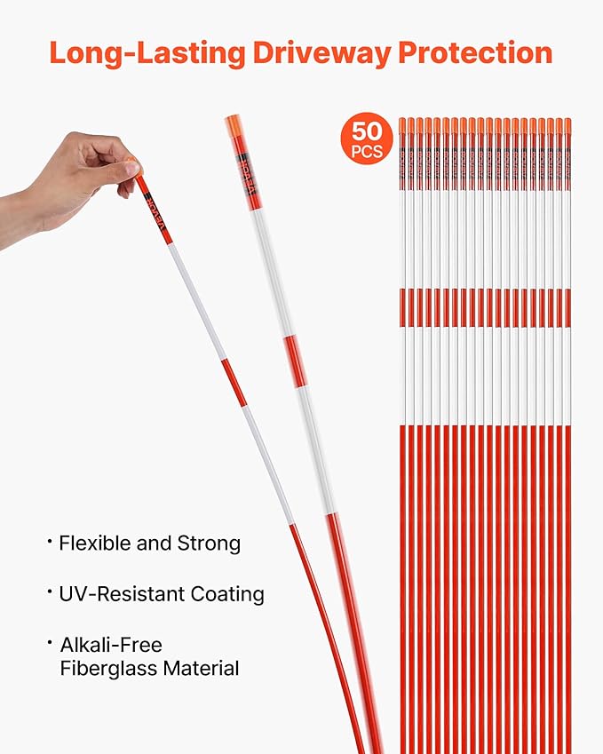 VEVOR Driveway Markers, 50Pcs 60 in Long 5/16 in Dia, Hi-Visibility Driveway Reflectors with 12 in Steel Drill Bits, Reflective Snow Sticks Fiberglass Pole for Parking Lots, Walkways, Snow Plowing