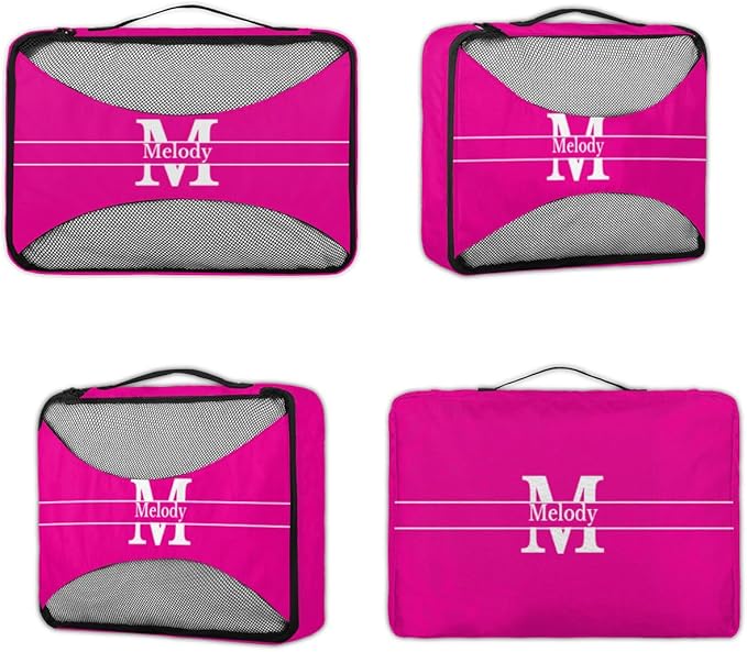 Custom 4 Set Packing Cubes for Travel, Personalized Deep Pink with Initial Letter Mesh Travel Luggage Packing Organizers for Women Men