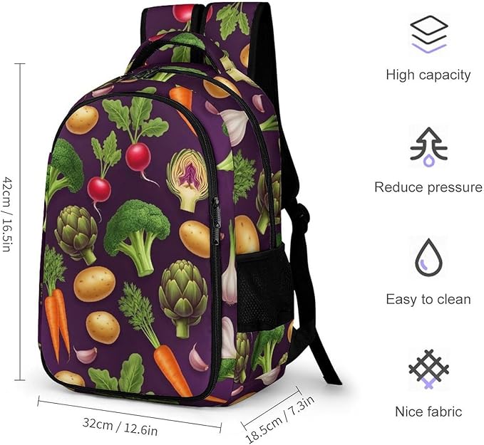 Water Resistant Travel Daypack Vegetable Vegan Farmers Market, Lightweight Laptop Backpack with Water Bottle Pockets for Men Women College Work